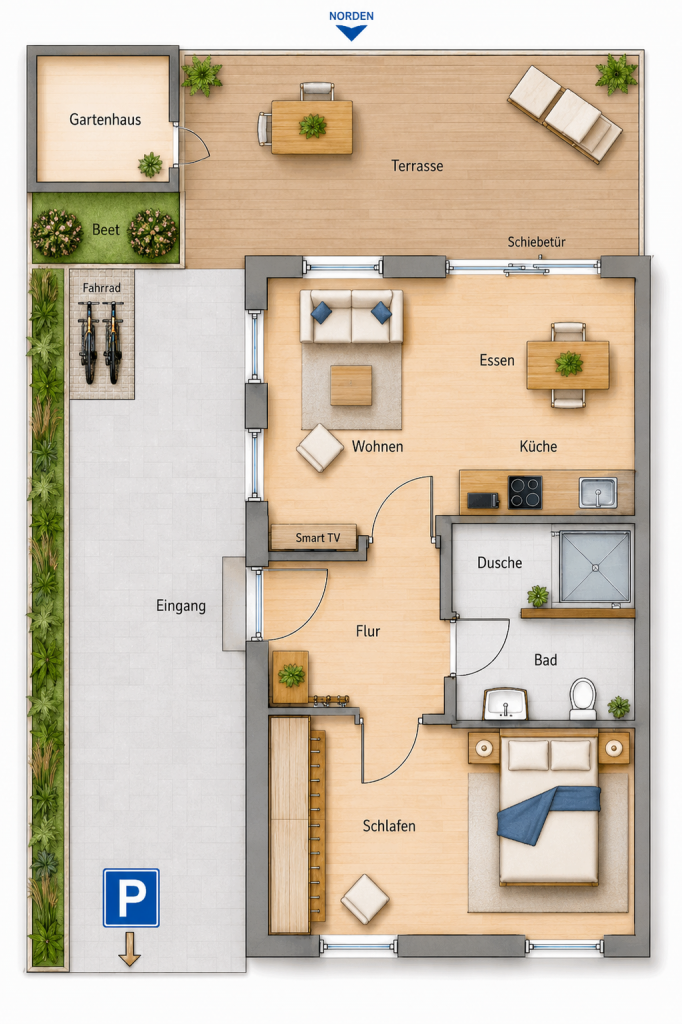Grundriss der Ferienwohnung Haus Solveig mit Terrasse und Parkplatz